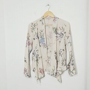 Bellambra Floral 100% Linen Open Cardigan Italy Lightweight Adjustable Sides L